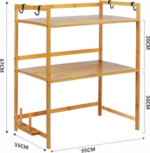 Load image into Gallery viewer, Microwave Shelf, 2 Levels, Bamboo Microwave Stand, Microwave Holder with 4 Hooks and Chopping Board Stand, Multifunctional Wooden Microwave Holder for Kitchens, 35 cm x 55 cm x 67 cm
