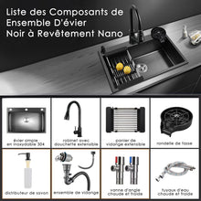 Load image into Gallery viewer, Multifonction Noir Evier Cuisine Inox Professionnel Évier Simple 55 * 45CM avec Robinet Rétractable Distributeur de Savon Lave-gobelet et Kit de Plomberie Complet
