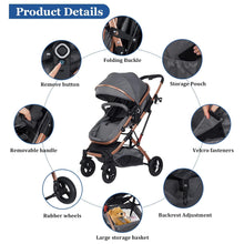 Load image into Gallery viewer, 2 in 1 Combination Pram with Buggy, Reclining Position, Travel Systems with 5 Point Safety Belt, from Birth to 15 kg, Foldable, Large Canopy, for Newborns
