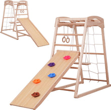 Load image into Gallery viewer, 7-in-1 Multifunctional High Quality Wooden Climbing Frame, Children's Indoor Gym with Slide, Climbing Nets, Climbing Rocks, Gym Rings, Poles, Ladders and Swings, Medium Playgrounds
