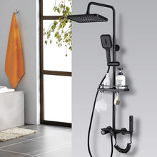 Load image into Gallery viewer, Système de Colonne de Douche Noire en Cuivre, Hauteur Réglable Pour Salle de Bain, Ensemble de Douche avec Étagères et Crochets, Mutlipes modes de douche, Douche de Tête 315x210mm
