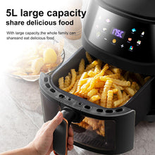 Load image into Gallery viewer, Friggitrice senza olio 5L Friggitrice ad aria 1400 W Temperatura regolabile 80-200 °C, Finestra, Display LED Touch Colore, 8 modalità, Timer
