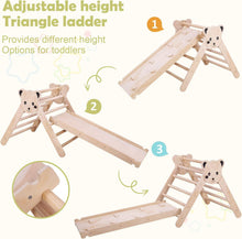 Load image into Gallery viewer, Struttura da arrampicata per bambini Struttura da arrampicata in legno arcobaleno per interni Scala da arrampicata triangolare pieghevole con rampa scorrevole e arco
