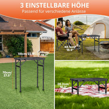 Load image into Gallery viewer, Portable BBQ Table 58 x 40 cm, Camping Table, Outdoor Foldable with 3 Heights, Adjustable (26/48/70 cm), Folding Table with Mesh Desktop, Easy to Assemble, Multifunctional Table for Picnic
