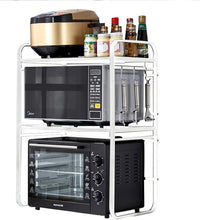 Load image into Gallery viewer, Extendable Microwave Shelf, Microwave Oven Rack, 2 Levels, Microwave Rack with 3 Hooks, Kitchen Table Shelf Made of Carbon Steel, Mini Oven Holder for Small Kitchen
