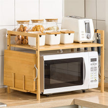 Load image into Gallery viewer, Soporte Microondas de Bambú, Estante para Horno de Microondas, Estante de Cocina de 2 Niveles con 4 Ganchos, Estantería Cocina Altura Ajustable
