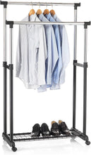 Load image into Gallery viewer, Portant à vêtements Grosso penderie Double sur roulettes vestiaire Mobile avec 2 Barres de Hauteur réglable et Une Tablette de Rangement, en métal chromé et Plastique Noir
