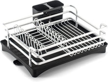 Load image into Gallery viewer, Dish Drainer Dish Rack with Drip Tray and Cutlery Basket, Aluminium Dish Rack, Large Dish Drainer Cup Hanger for Plates, Cups, Cutlery, Silver, 42 x 30 x 11 cm
