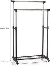 Load image into Gallery viewer, Portant à vêtements Grosso penderie Double sur roulettes vestiaire Mobile avec 2 Barres de Hauteur réglable et Une Tablette de Rangement, en métal chromé et Plastique Noir

