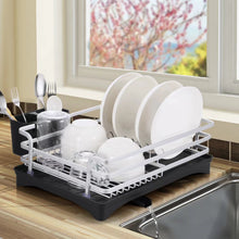 Load image into Gallery viewer, Dish Drainer Dish Rack with Drip Tray and Cutlery Basket, Aluminium Dish Rack, Large Dish Drainer Cup Hanger for Plates, Cups, Cutlery, Silver, 42 x 30 x 11 cm
