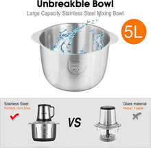 Load image into Gallery viewer, Electric Meat Grinder with Strong Motor and Stainless Steel Bowl, Kitchen Large Capacity Multi Chopper with 4 Stainless Steel Blades, Multiple Speeds Meat Grinder
