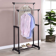 Load image into Gallery viewer, Portant à vêtements Grosso penderie Double sur roulettes vestiaire Mobile avec 2 Barres de Hauteur réglable et Une Tablette de Rangement, en métal chromé et Plastique Noir
