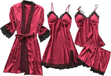 Load image into Gallery viewer, Women's Pyjama Set 4 Piece Set Satin Nightdress Shorts Pyjamas Lace Sleepwear Sexy Silk Night Dress Negligee Robe
