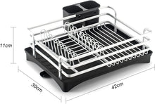Load image into Gallery viewer, Dish Drainer Dish Rack with Drip Tray and Cutlery Basket, Aluminium Dish Rack, Large Dish Drainer Cup Hanger for Plates, Cups, Cutlery, Silver, 42 x 30 x 11 cm
