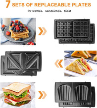 Load image into Gallery viewer, 7-in-1 750 W sandwich maker, sandwich toaster with non-stick coating, waffle iron with 7 removable plate sets, waffle maker with indicator light and heat-insulated handle toaster
