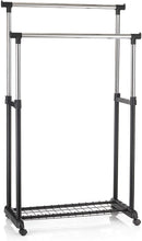 Load image into Gallery viewer, Portant à vêtements Grosso penderie Double sur roulettes vestiaire Mobile avec 2 Barres de Hauteur réglable et Une Tablette de Rangement, en métal chromé et Plastique Noir
