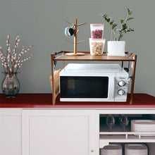 Load image into Gallery viewer, Micro-Ondes Rack, 2 Couches Support de Four à Micro-Ondes en bambou, Ajustable Etagere Rangement Cuisine avec 4 Crochets Et Support de Planche à Découper
