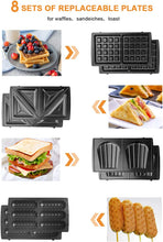 Load image into Gallery viewer, Gaufrier 8 in 1 - Macchina per sandwich, waffer, 8 piastre antiaderenti rimovibili e intercambiabili, termosifone double face, termostato automatico, 750 W, 22 x 22,5 x 10,5 cm

