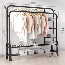 Load image into Gallery viewer, Perchero Burro Independiente de Doble Varilla Estante para Colgar Ropa de Dormitorio Multifuncional con Ruedas 150 x 50 x 162 CM
