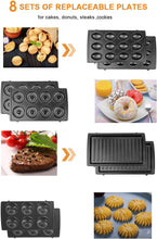 Load image into Gallery viewer, Gaufrier 8 in 1 - Macchina per sandwich, waffer, 8 piastre antiaderenti rimovibili e intercambiabili, termosifone double face, termostato automatico, 750 W, 22 x 22,5 x 10,5 cm
