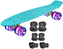 Load image into Gallery viewer, Skateboard mit Schutzausrüstung，Mini Cruiser Retro Board für Kinder Jungenliche Mädchen Erwachsenen， LED Leuchtrollen 56x15cm Komplettboard
