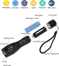 Load image into Gallery viewer, Rechargeable LED Flashlight, CREE 1200 lumens XML-T6, Military Powerful Tactical Lamp, 5 Modes Adjustable Intensity Zoomable Waterproof, 18650 Rechargeable Battery Included, Camping Hiking Travel
