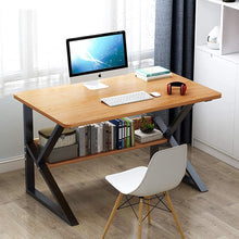 Load image into Gallery viewer, Plasaig Bureau d'ordinateur compact et étanche avec clapier, en bois pour les petits espaces, pieds de table en forme de K 100 x 48 x 72 cm (bois de poirier jaune)
