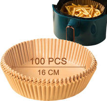 Load image into Gallery viewer, Papel para Freidora de Aire [100 Piezas], YRAKOZIN Forro de Papel Desechable Esteras Redondas de Pergaminos Antigrasa Papel de Aceite Silicona Antiadherente Aplicar a Air Fryer, Horno - Color Madera
