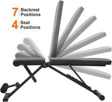 Load image into Gallery viewer, Banc de musculation pliable, banc d'entraînement multifonctionnel, dossier 7 positions + coussin de siège réglable en 4 directions, banc d'exercice à domicile, banc de musculation jusqu'à 250 kg
