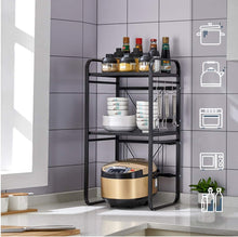 Load image into Gallery viewer, Extendable Microwave Shelf, Microwave Oven Rack, 2 Levels, Microwave Rack with 3 Hooks, Kitchen Table Shelf Made of Carbon Steel, Mini Oven Holder for Small Kitchen
