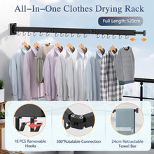 Load image into Gallery viewer, Wall-Mounted Clothes Rack 90 cm, Retractable Clothes Airer with 12 Hooks and Towel Holder for Balcony, Laundry, Bathroom, Bedroom
