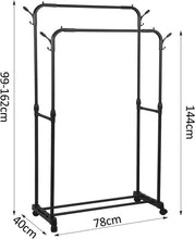 Load image into Gallery viewer, Self-Supporting Steel Coat Stand Multifunctional Double RodsClothes Rack with Wheels Tube Coated in Black Stainless Steel
