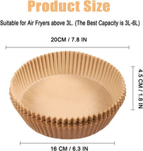 Load image into Gallery viewer, Papel para Freidora de Aire [100 Piezas], YRAKOZIN Forro de Papel Desechable Esteras Redondas de Pergaminos Antigrasa Papel de Aceite Silicona Antiadherente Aplicar a Air Fryer, Horno - Color Madera

