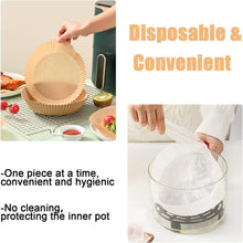 Load image into Gallery viewer, Papel para Freidora de Aire [100 Piezas], YRAKOZIN Forro de Papel Desechable Esteras Redondas de Pergaminos Antigrasa Papel de Aceite Silicona Antiadherente Aplicar a Air Fryer, Horno - Color Madera
