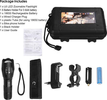 Load image into Gallery viewer, Rechargeable LED Flashlight, CREE 1200 lumens XML-T6, Military Powerful Tactical Lamp, 5 Modes Adjustable Intensity Zoomable Waterproof, 18650 Rechargeable Battery Included, Camping Hiking Travel
