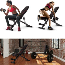 Load image into Gallery viewer, Banc de musculation pliable, banc d'entraînement multifonctionnel, dossier 7 positions + coussin de siège réglable en 4 directions, banc d'exercice à domicile, banc de musculation jusqu'à 250 kg
