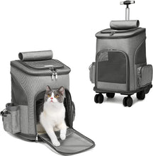 Load image into Gallery viewer, Mochila de viaje, bolsa de transporte con ruedas para perro, gato, maleta con ruedas para mascotas, asa telescópica, para viaje, camping, senderismo en tren, coche o avión (negro)
