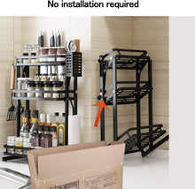 Load image into Gallery viewer, Plasaig Kitchen Rack Foldable Spice Rack Stainless Steel Multi-Function Storage Rack Space Saving/Non-Slip Anti-Rust Strong Bearing Capacity Black (Three-Layer)
