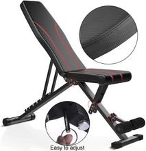 Load image into Gallery viewer, Banc de musculation pliable, banc d'entraînement multifonctionnel, dossier 7 positions + coussin de siège réglable en 4 directions, banc d'exercice à domicile, banc de musculation jusqu'à 250 kg
