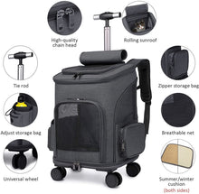 Load image into Gallery viewer, Mochila de viaje, bolsa de transporte con ruedas para perro, gato, maleta con ruedas para mascotas, asa telescópica, para viaje, camping, senderismo en tren, coche o avión (negro)
