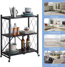 Load image into Gallery viewer, Étagère de Rangement Pliable avec Roues, Étagère en Métal Multifonctionnelle, pour Salon, Cuisine, Salle de Douche, Vestiaire, Chambre à Coucher (Noir, 3 tier-36,5*71,5*91CM)
