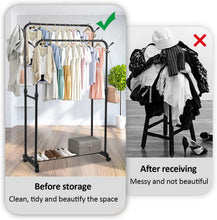 Load image into Gallery viewer, Self-Supporting Steel Coat Stand Multifunctional Double RodsClothes Rack with Wheels Tube Coated in Black Stainless Steel
