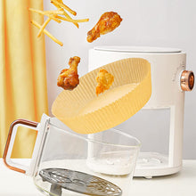Load image into Gallery viewer, Papel para Freidora de Aire [100 Piezas], YRAKOZIN Forro de Papel Desechable Esteras Redondas de Pergaminos Antigrasa Papel de Aceite Silicona Antiadherente Aplicar a Air Fryer, Horno - Color Madera

