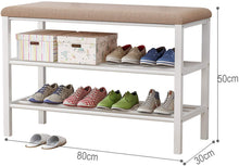 Load image into Gallery viewer, Banc à chaussures, étagère à chaussures à 3 niveaux avec siège rembourré et cadre en acier, pour entrée, couloir, salon, meuble d'appoint industriel.
