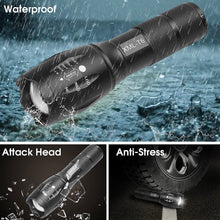 Load image into Gallery viewer, Rechargeable LED Flashlight, CREE 1200 lumens XML-T6, Military Powerful Tactical Lamp, 5 Modes Adjustable Intensity Zoomable Waterproof, 18650 Rechargeable Battery Included, Camping Hiking Travel
