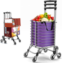 Load image into Gallery viewer, Chariot de Courses à Roulettes Pliable, Poussette de Marché avec 8 Roues et Réglable Hauteur, Chariot d'épicerie avec Sac Chargement Etanche Amovible, Chariot Marché avec Cordon Elastique et Accrocher
