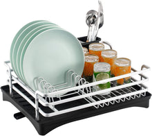 Load image into Gallery viewer, Dish Drainer Dish Rack with Drip Tray and Cutlery Basket, Aluminium Dish Rack, Large Dish Drainer Cup Hanger for Plates, Cups, Cutlery, Silver, 42 x 30 x 11 cm
