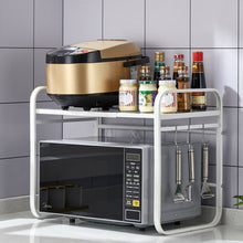 Load image into Gallery viewer, Extendable microwave shelf, microwave oven rack 1 level, microwave rack with 3 hooks, kitchen table shelf made of carbon steel, mini oven holder for kitchen
